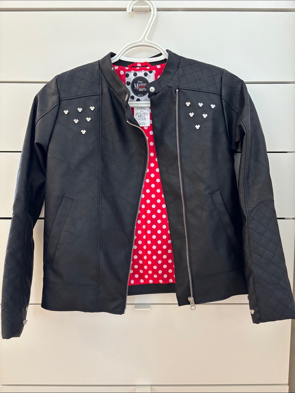 Disney Black Leather Jacket with Red Polka Dot Lining